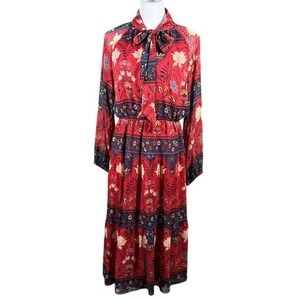 Loft Womens Red Floral Paisley Tie Neck Tiered Midi Dress Long Sleeve Medium
